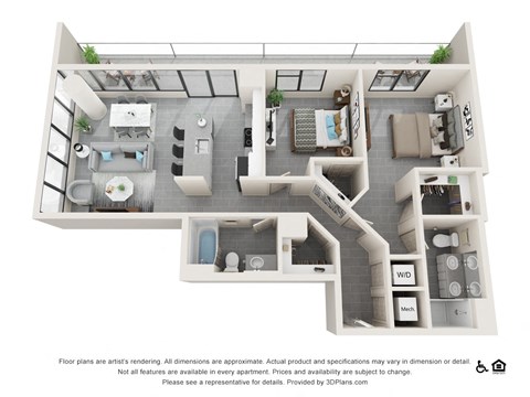 Floor plan for 2 beds, 2 baths, 1177 sqft
